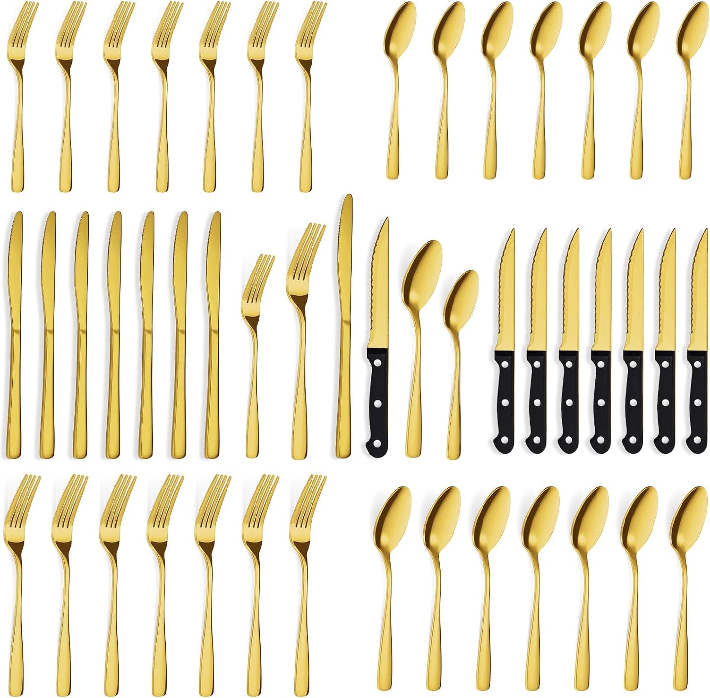BEWOS 48-Pieces Gold Silverware Set for 8 - Stainless Steel Flatware Set with Mirror Polish, Silverware Sets Including Steak Knives, Forks and Spoons, Dishwasher Safe for Restaurant