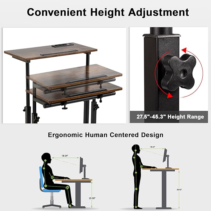 Hadulcet Mobile Standing Desk with Charging Station, Adjustable Standing Computer Desk, Standing Adjustable Laptop Cart with Wheels for Home Office Classroom Rustic Brown