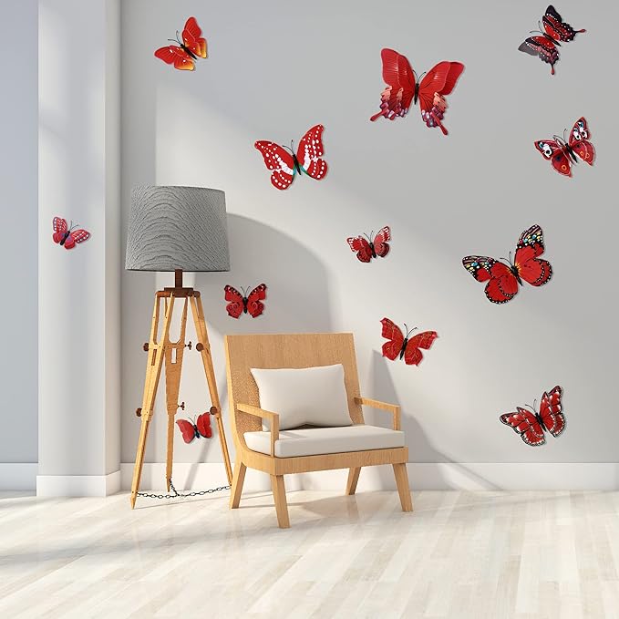 12PCS Butterfly Wall Decals Removable 3D Red Butterflies Sticker with Magnets for Home Bedroom Kids Room Decor (Double Layer-Red/12PCS)