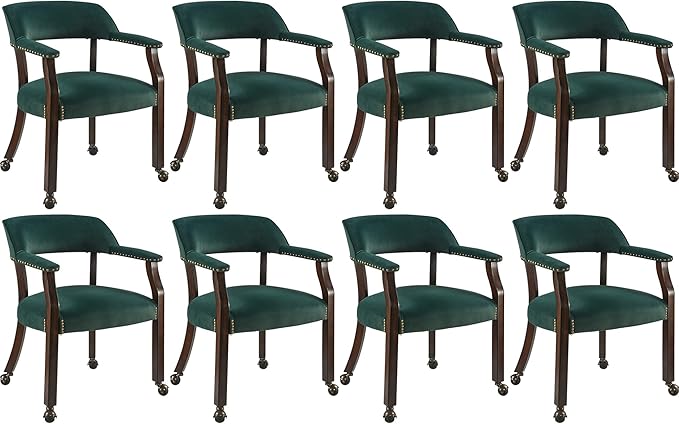 MODERION Dinning Chairs with Wheels and Arms Set of 8, Solid Wood Office Desk Chairs with Frosted Velvet Upholstered, Classic Swivel Accent Chairs, 31.5" H Boss Caption's Chair, Sea Green XXY-HT22-SG