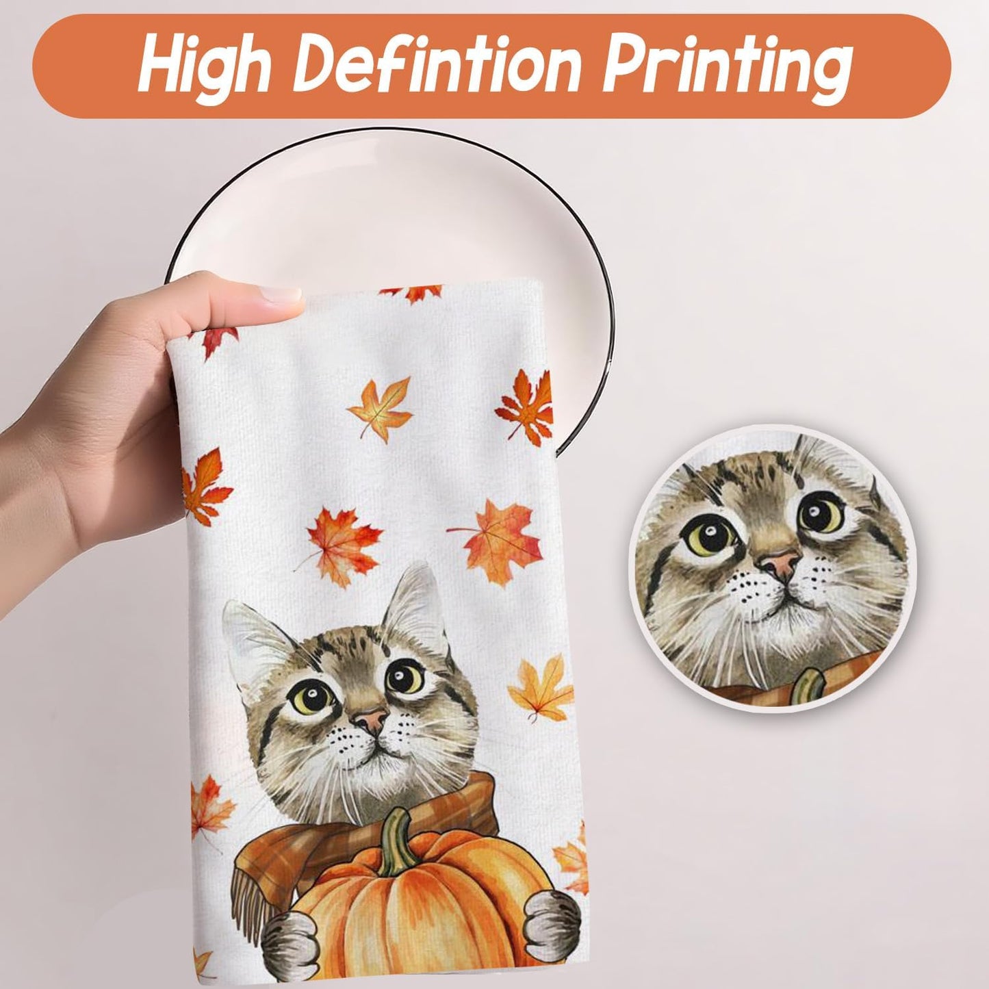 Fall Kitchen Towels Cat Pumpkin Maple Leaves Dish Towels Autumn Harvest Kitchen Decoration Hand Towels Set of 2, 18x26 Inch