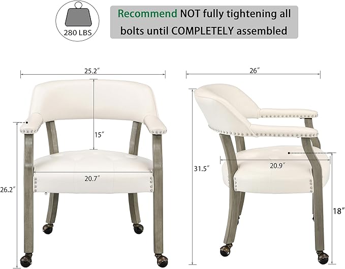 MODERION Dining Chair with Wheels and Arms - Solid Wood Boss Captain's Chair, Office Desk Swivel Accent Chair, Upholstered, 31.5"H for Living Room, White SY1318WT
