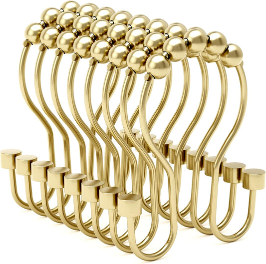 Shower Curtain Hooks, Shower Curtain Rings Rust Proof Double Hook Shower Curtain Hooks with Clindrical Design, 12 Pcs Light Gold Shower Hooks for Shower Curtain, Metal Shower Rod Hooks