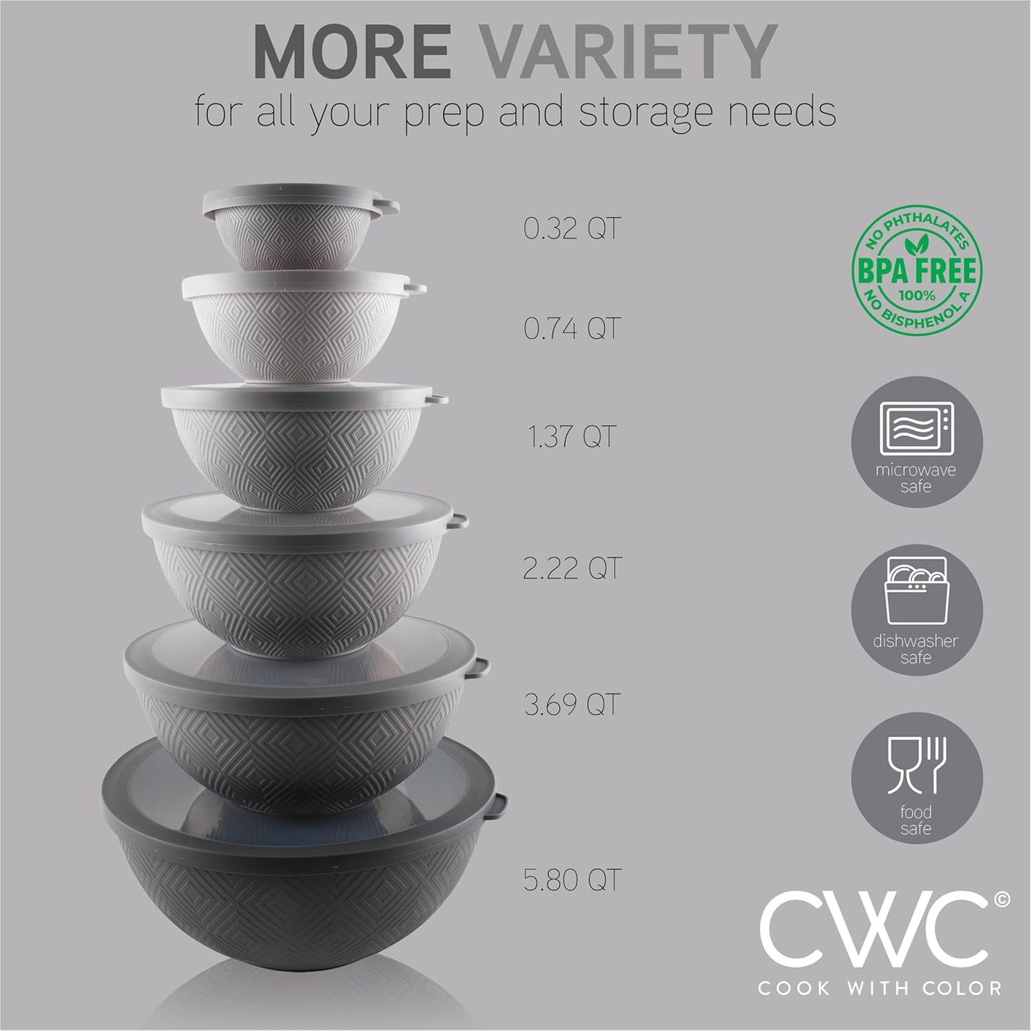 COOK WITH COLOR Mixing Bowls with Lids - 12 Piece Plastic Nesting Bowls Set includes 6 Prep Bowls and 6 Lids, Rhombus Design - Microwave Safe (Grey)