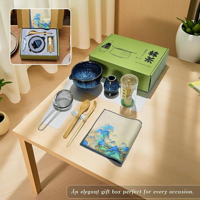 Matcha Whisk Set with Ceramic Bowl - Bamboo Whisk (Chasen), Scoop, Sifter & Holder - Complete Kit for Traditional Matcha Tea - Unique Gifts for Women, Men, Tea Lovers (Luminous-Auric-Sands)