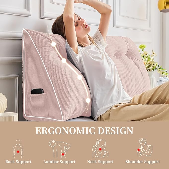 Sasttie Headboard Pillow Queen, Triangular Wedge Pillow Headboard, Wedge Headboard Pillow for Bed Sofa, Daybed Pillows for Sitting up, Reading or Working with Removable Cover, Light Pink