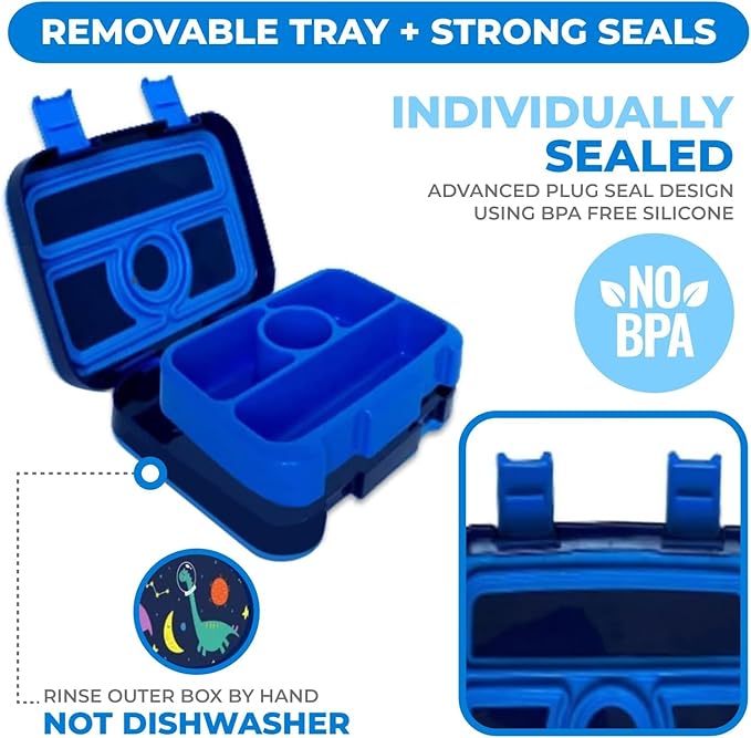 Kids Lunch Box - Bento Box for Boys Toddler Daycare, 4 Portion Sections with Lid, Snack Container Pre-School Kid Lunches Toddlers Removable Tray BPA Free, 3+ Years Old, Blue Rocket Dinosaur