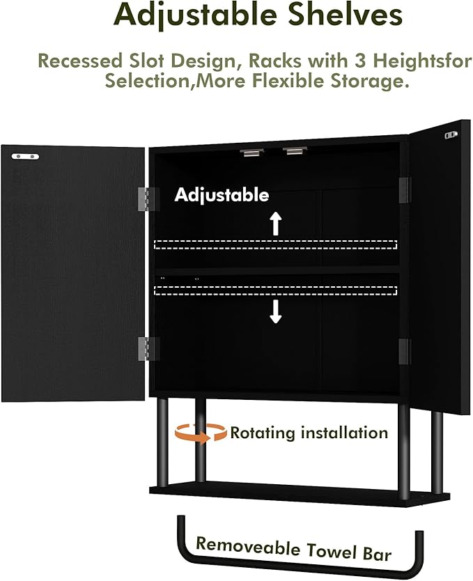 RUSTOWN Fluted Bathroom Wall Cabinet with 2 Doors, 3-Tier Modern Farmhouse Medicine Cabinet, Over The Toilet Storage Cabinet with Adjustable Shelf and Towel Bar (Black, Medium)