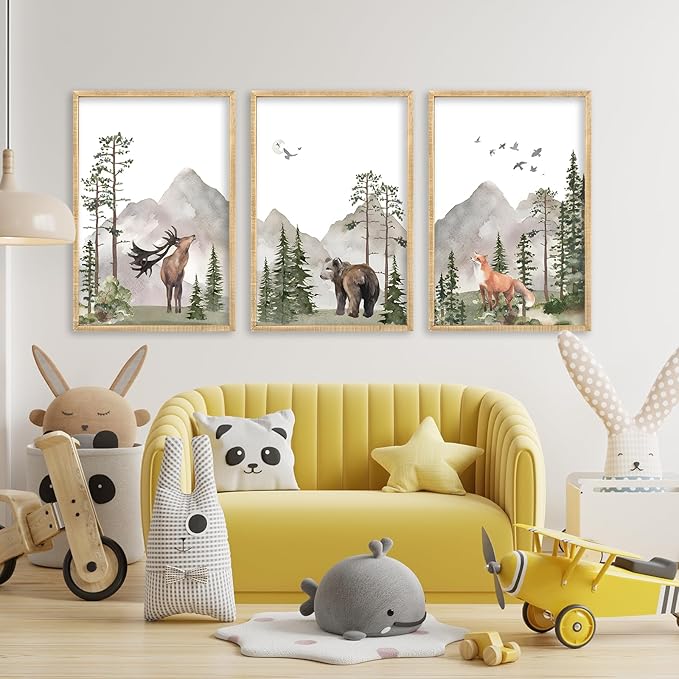 Set Of 3 Wild Woodland Nursery Animals Wall Art Decor 16x11 Inch Safari Foggy Forest Deer Bear Fox Posters Wood Framed Sign Jungle Children's Boys Girls Room Watercolor Prints Hang (Wood)