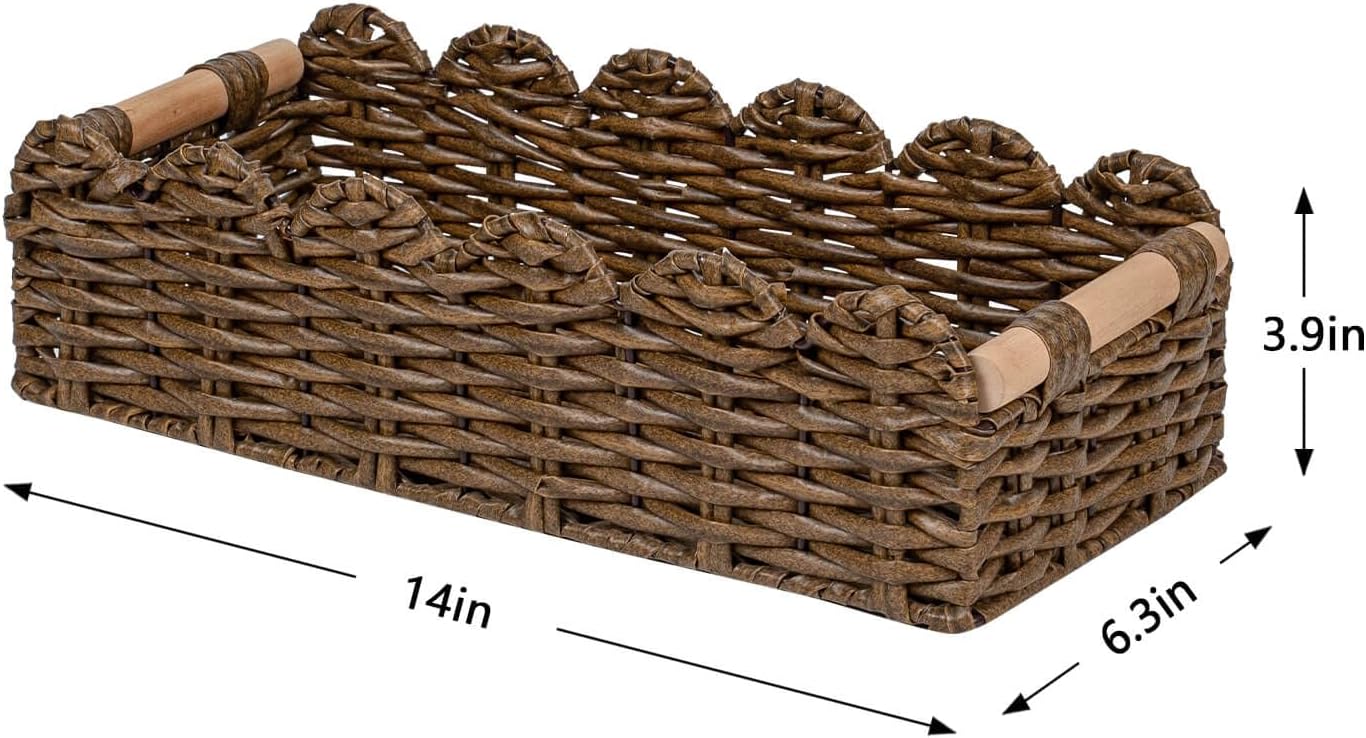 CubesLand PP Wicker Scalloped Edge Floating Shelves Baskets, Toilet Paper Basket for Over Toilet Storage Shelf, Ending Table, Cabinet Organizing and Home Décor, Rattan Basket with Wood Handle,Brown