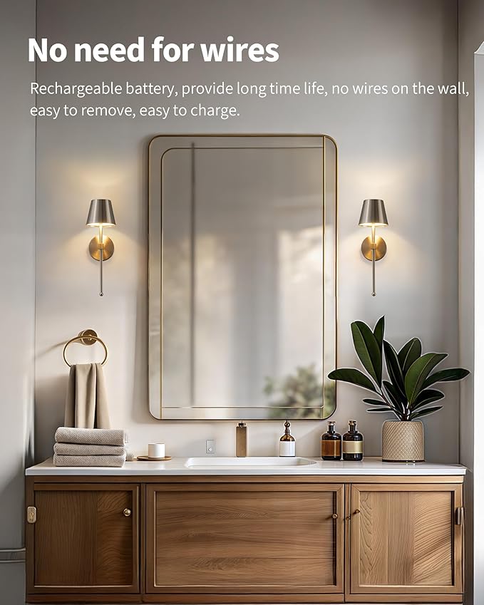 KDG Cordless Wall Sconces Set of 2, Wireless 5200mAh Rechargeable Battery LED Wall Lamps, Wall Lightings for Wall Painting, Outdoor, Garden, Bedside, Hallway, Gifts, Night Light (Brushed Nickel)