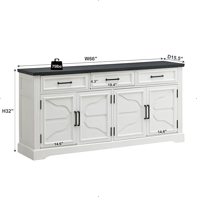 JXQTLINGMU 66" Large Buffet Sideboard Cabinet with 4 Doors and 3 Drawers, Buffet Table Coffee Bar Wine Bar Storage Cabinet for Dining Room, Living Room (Off White)