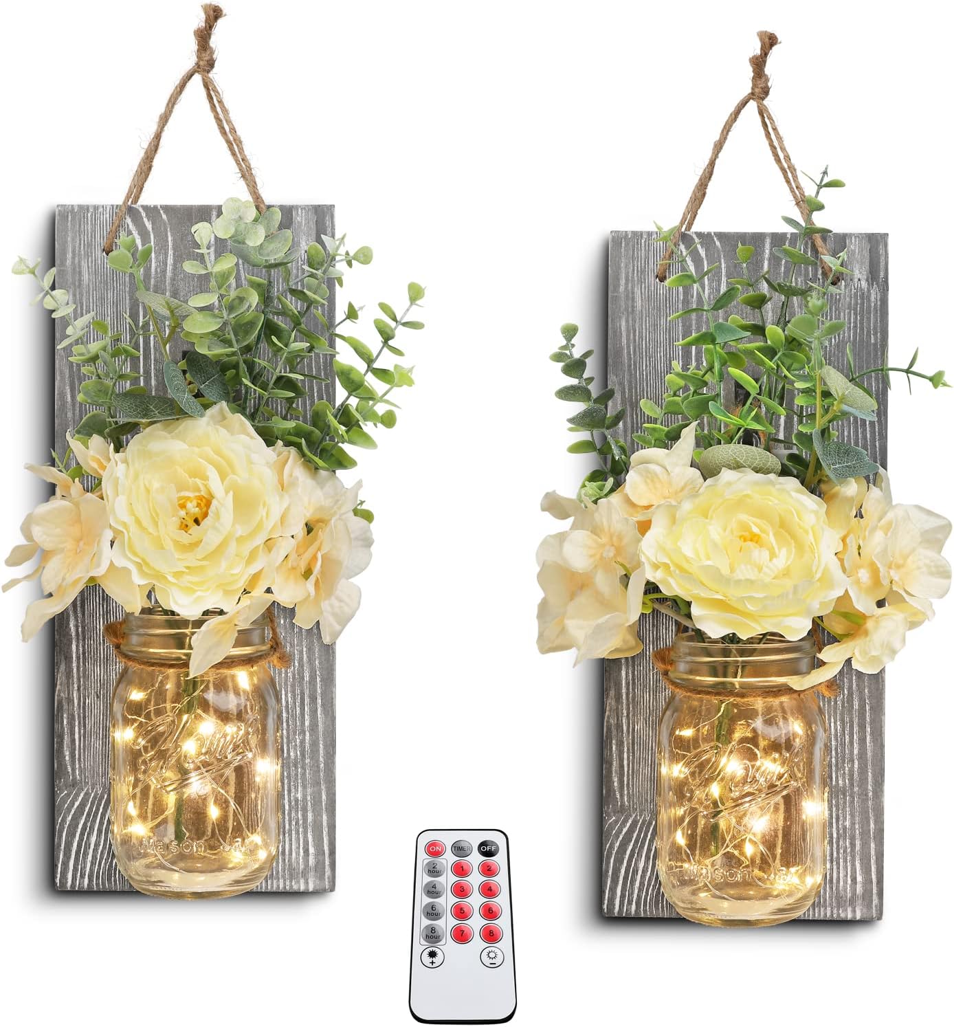 HOMKO Rustic Wall Decor, Mason Jars Wall Sconces with Remote LED Lights and Flowers, Hanging Rural Farmhouse Kitchen Bathroom Bedroom Living Room Home Decor Outdoor Indoor(Set of 2) - Rustic Grey