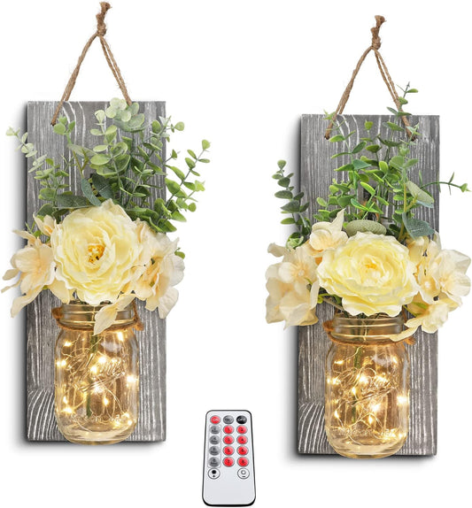 HOMKO Rustic Wall Decor, Mason Jars Wall Sconces with Remote LED Lights and Flowers, Hanging Rural Farmhouse Kitchen Bathroom Bedroom Living Room Home Decor Outdoor Indoor(Set of 2) - Rustic Grey