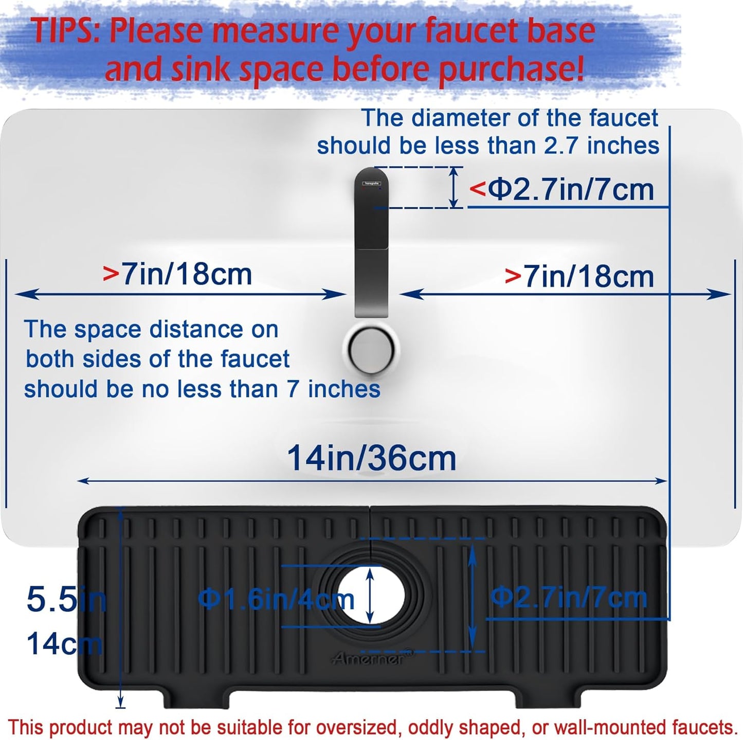 Kitchen Sink Splash Guard, 10° Large Slope & Adaptable Hole Faucet Mat for Kitchen Sink, Silicone Sink Organizer Sponge Holder for Kitchen, Bathroom, RV, Bar, 14.2” x 5.1”, Black