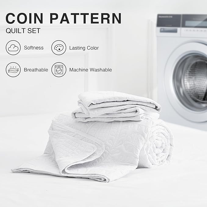 Love's cabin California King Size Quilt Bedding Set White Bedspreads - Cal King Summer Lightweight Bedspread Comforter - Coin Pattern Coverlet for All Season - 3 Pieces (1 Quilt, 2 Pillow Shams)