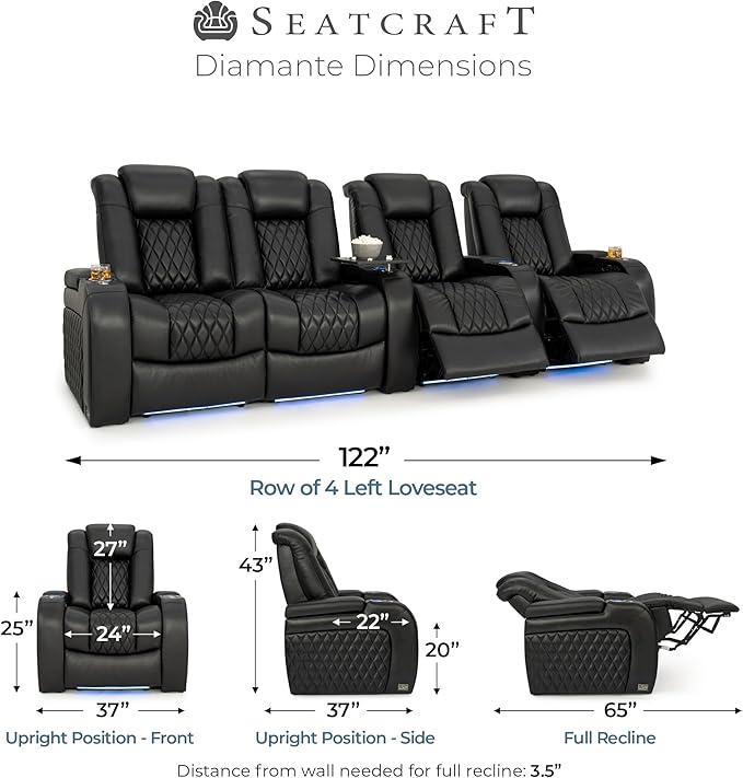 Seatcraft Diamante Zero-Gravity CoolZero Italian Leather Home Theater Seating, Power Headrest, Power Recline, Row of 4 Left Loveseat, Black