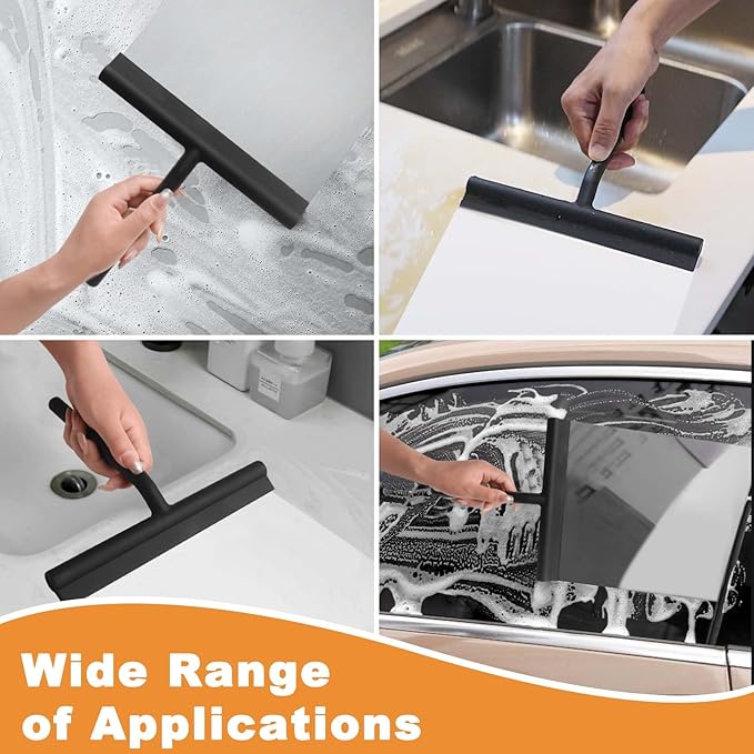 Squeegee for Shower Glass Doors, Resilient Loop - No-Drill & Adhesive Hook, Silicone Shower Squeegee with Stainless Steel Core, Cleaning Tool for Home, Kitchen, Bathroom & Car - Black