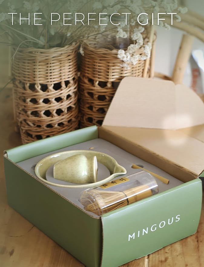 Matcha Set Ceramic kit With Bamboo Whisk Scoop Bowl And Holder For Authentic Japanese Tea Ceremony Smooth Pour Easy Clean Experience Gift For Matcha Lovers (Green)