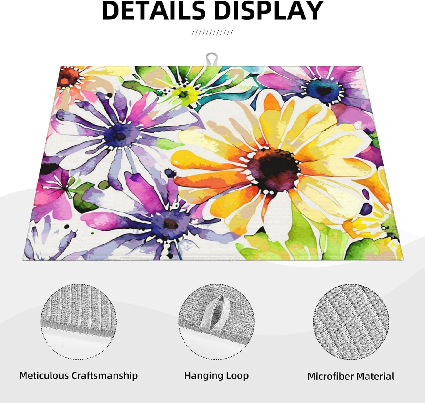 Absorbent Dish Drying Mat For Kitchen Counter, Colorful Flowers Microfiber Dish Drying Pad, Kitchen Gadgets For Easy Clean Multi-Use