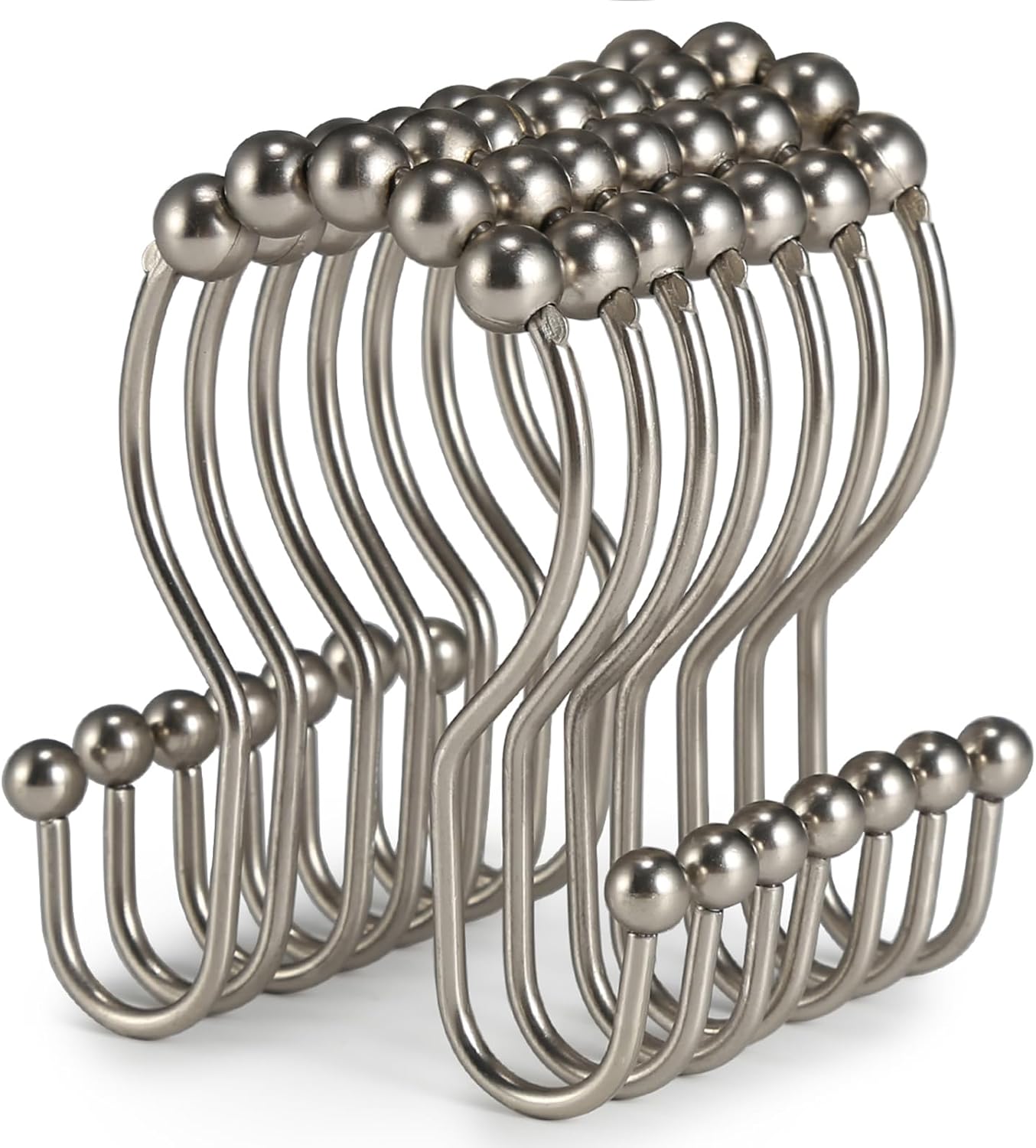 Goowin Shower Curtain Hooks, 12 Pcs Shower Curtain Rings, Stainless Steel Shower Curtain Hooks Rings Rust Proof, Smooth Sliding Anti-Drop Double Shower Hooks for Shower Curtain, Rods (Matte Nickel)