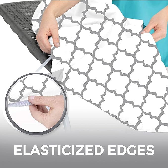 HOME GENIE Ironing Board Cover, Silicone Coating, Full Size Scorch Resistant Padding, Elastic Edge Heavy Duty Iron Pad Covers Standard Boards, Hook and Loop Fastener Strap Extra Thick, Quatrefoil Gray