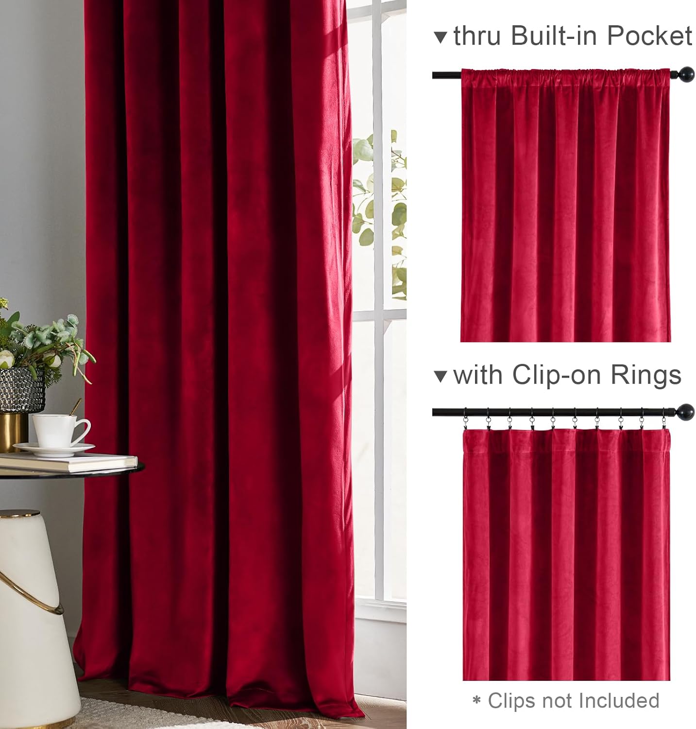 Lazzzy Velvet Blackout Curtains Burgundy Red Thermal Insulation Bedroom Rod Pocket Window Curtain for Living Room 2 Panels 108 Inch Red