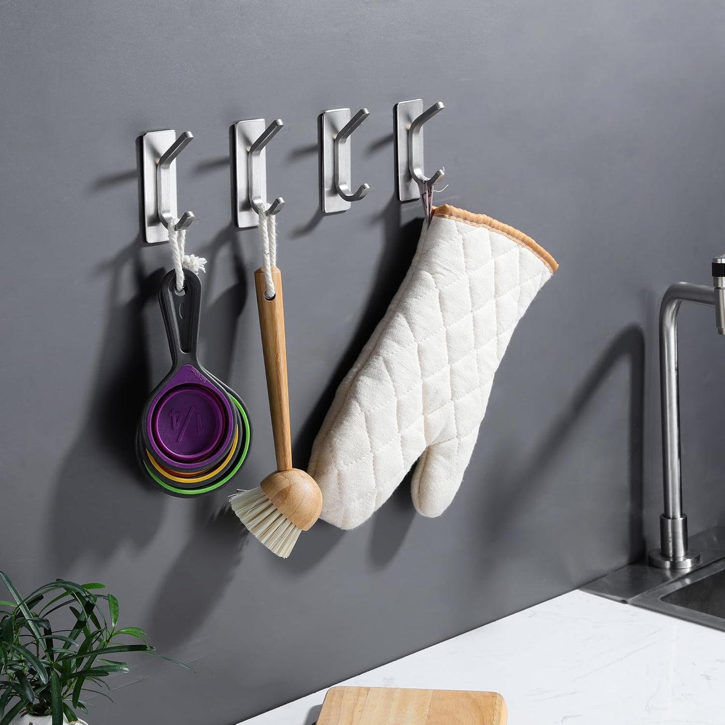 DELITON Adhesive Towel Hooks for Bathroom - 4 Pack Heavy Duty Stick on Wall Hooks, Waterproof Robe/Coat Hangers for Kitchen, Shower (Silver, Stainless Steel)