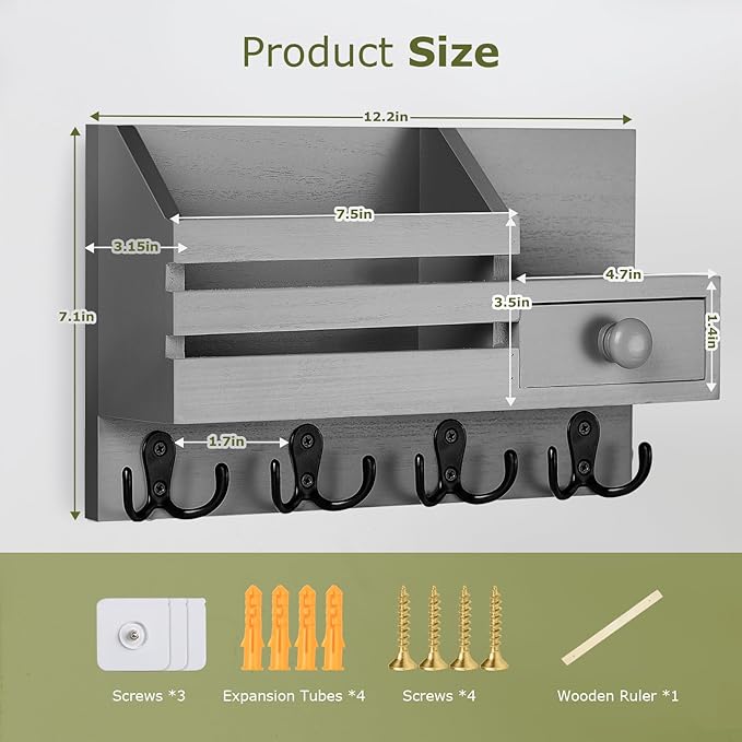 Key Holder Wall Mount, Wooden Adhesive Mail and Key Organizer with Drawer, Small Shelf, 8 Hooks, 2 Installation Methods, Gray