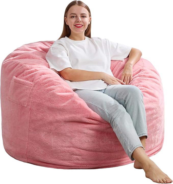 Hobestluk 3ft Bean Bag Chairs for Adults Large Beanbag Chair with Plush Faux Fur Cover Big Bean Bag Chair for Living Room Bedroom Dorm Office -Pink (36” x 36” x 22”)