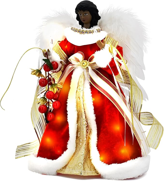 Angel Christmas Tree Topper with Lights, Lighted Tree Toppers Christmas Decorations, Elegant and Durable, Perfect for Holiday Home Decor and Gifts, Red, WOKEISE