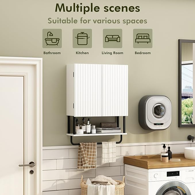 RUSTOWN Fluted Bathroom Wall Cabinet with 2 Doors, 3-Tier Modern Farmhouse Medicine Cabinet, Over The Toilet Storage Cabinet with Adjustable Shelf and Towel Bar (White, Medium)