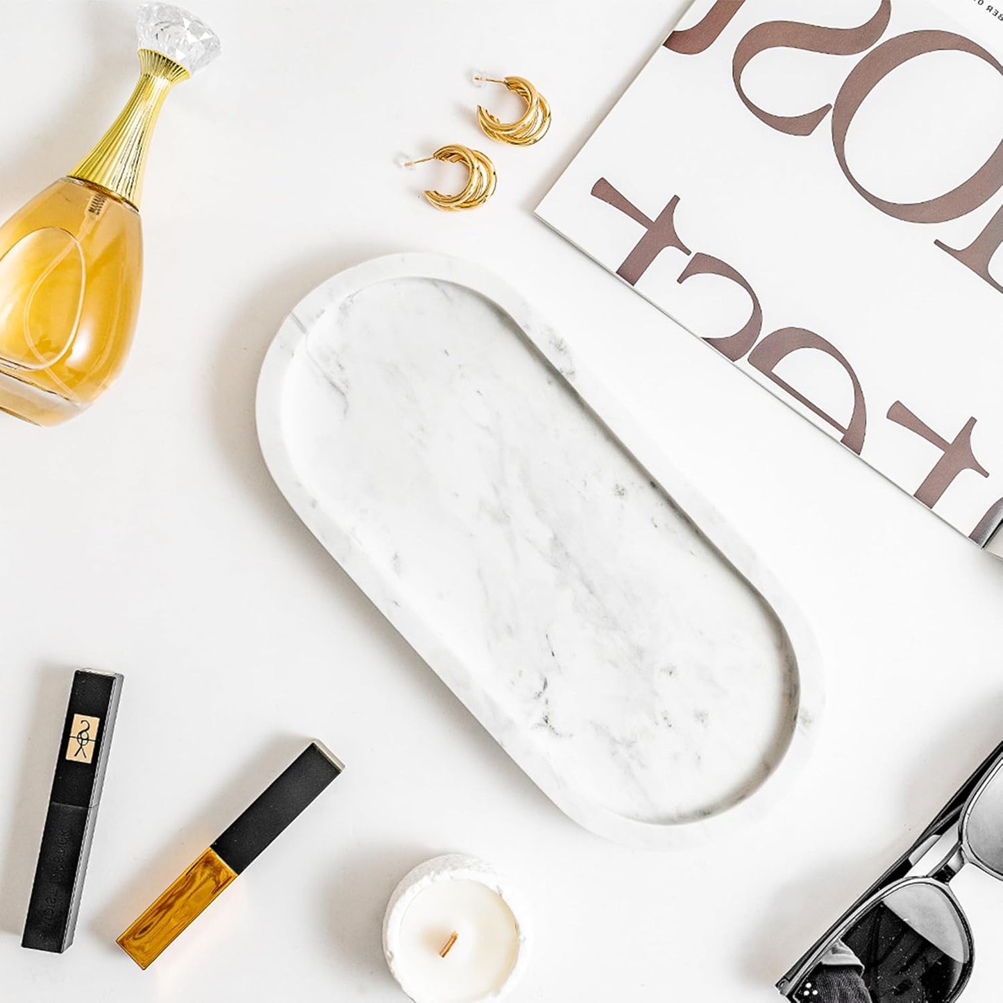 WORHE Natural Marble Vanity Tray Italy Oval Stone Trays for Candles Perfume, Decorative Jewelry Dish for Small Items, Countertop Storage Organizer for Home Bathroom Kitchen Matte Surface White (BH101)