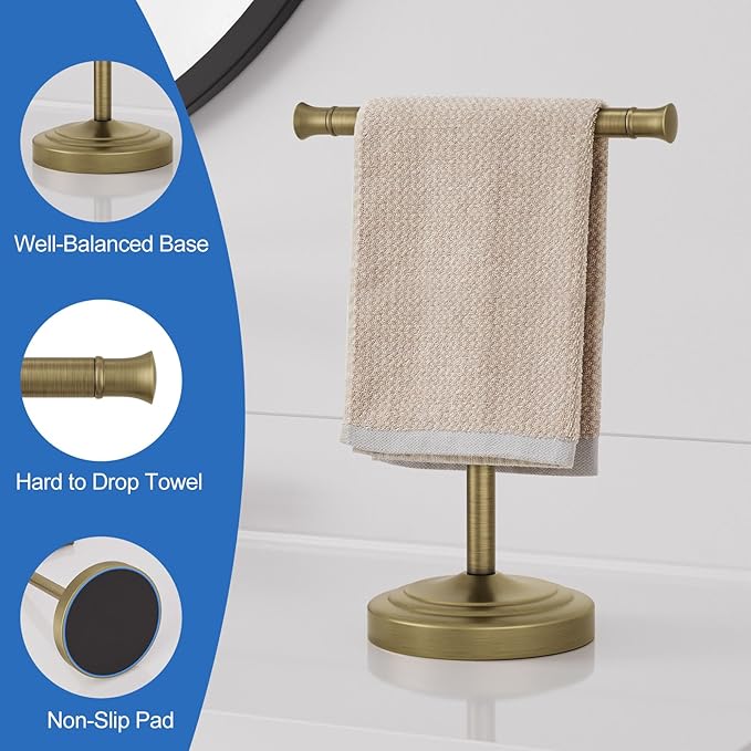 RUMOSE 13 Inch Antique Brass Towel Bar Stand Hand Holder Bathroom Kitchen Vanity Countertop T-Shape Towel Rack Free Standing Stainless Steel
