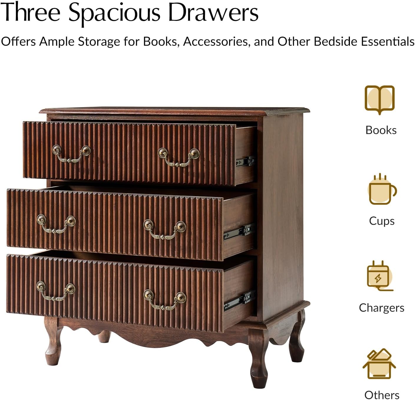 HULALA HOME Transitional Nightstand Set of 2 with 3 Drawers and Charging Station, 28" Solid Paulownia Wood Nightstand with Fluted Front Design, Walnut