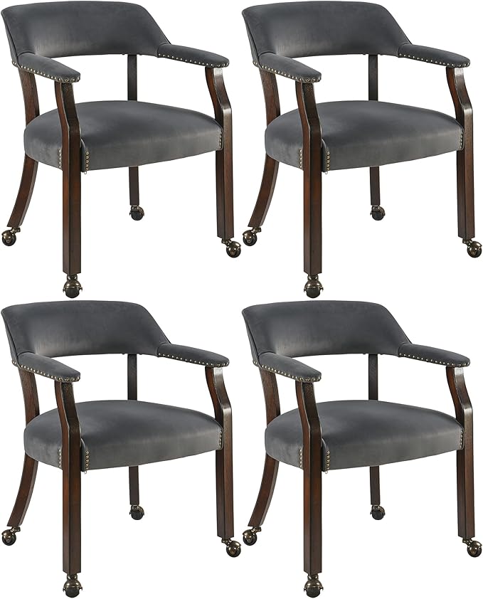 Dinning Chairs with Wheels and Arms Set of 4, Solid Wood Office Desk Chairs with Frosted Velvet Upholstered, Classic Swivel Accent Chairs, 31.5" H Boss Caption's Chair, Periwinkle XXY-HT22-PW