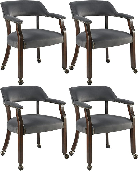 Dinning Chairs with Wheels and Arms Set of 4, Solid Wood Office Desk Chairs with Frosted Velvet Upholstered, Classic Swivel Accent Chairs, 31.5" H Boss Caption's Chair, Periwinkle XXY-HT22-PW