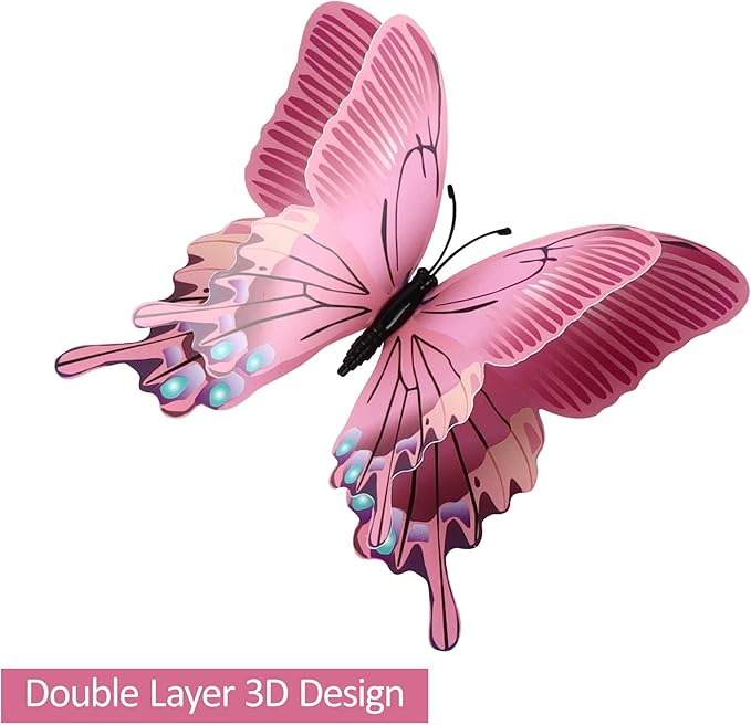 24PCS Butterfly Wall Decals Removable 3D Butterflies Decor for Wall Sticker Mural Stickers Home Decoration Kids Room Bedroom Decor (Double Layer-Pink/24PCS)