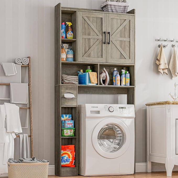 Over The Toilet Storage Cabinet, Farmhouse Storage Cabinet Over Toilet with 2 Barn Door & Toilet Paper Holder Stand, Home Space-Saving Rack, for Bathroom, Restroom (Grey).