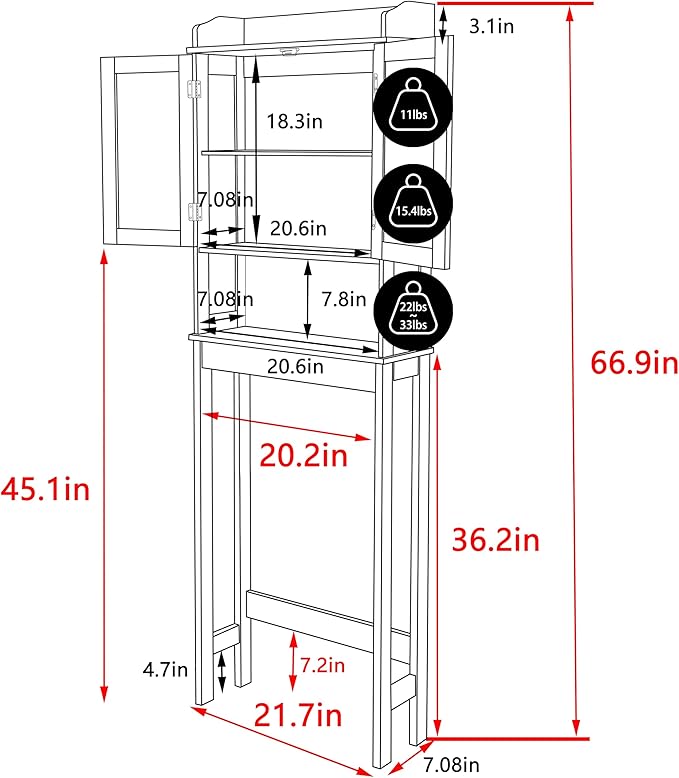 MUPATER Bathroom 67" Storage Cabinet Organizer with Shelves and Doors, Small Freestanding Toilet Shelf Space Saver with Anti-Tip Design and Adjustable Bottom Bar, White