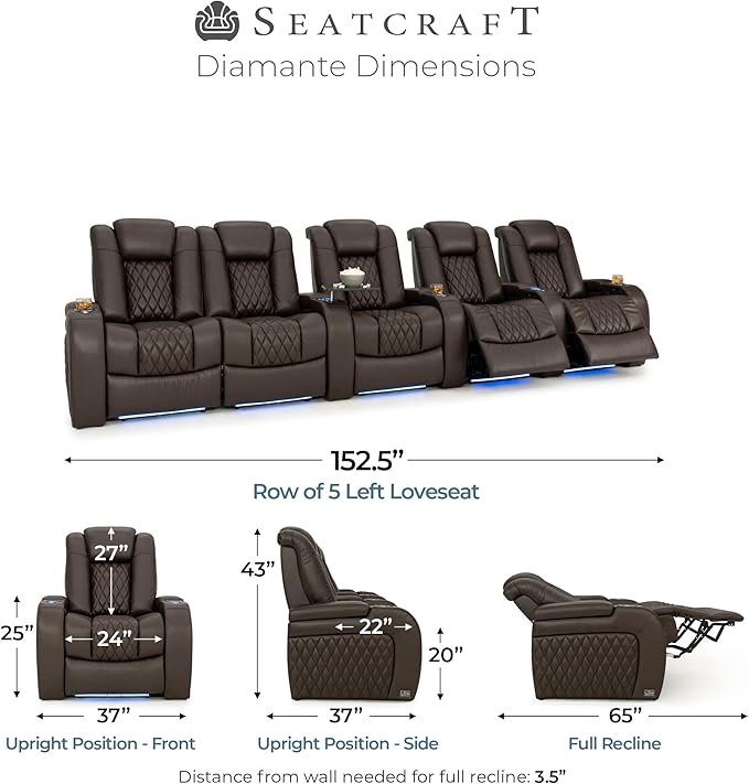 Seatcraft Diamante Zero-Gravity CoolZero Italian Leather Home Theater Seating, Power Headrest, Power Recline, Row of 5 Left Loveseat, Brown