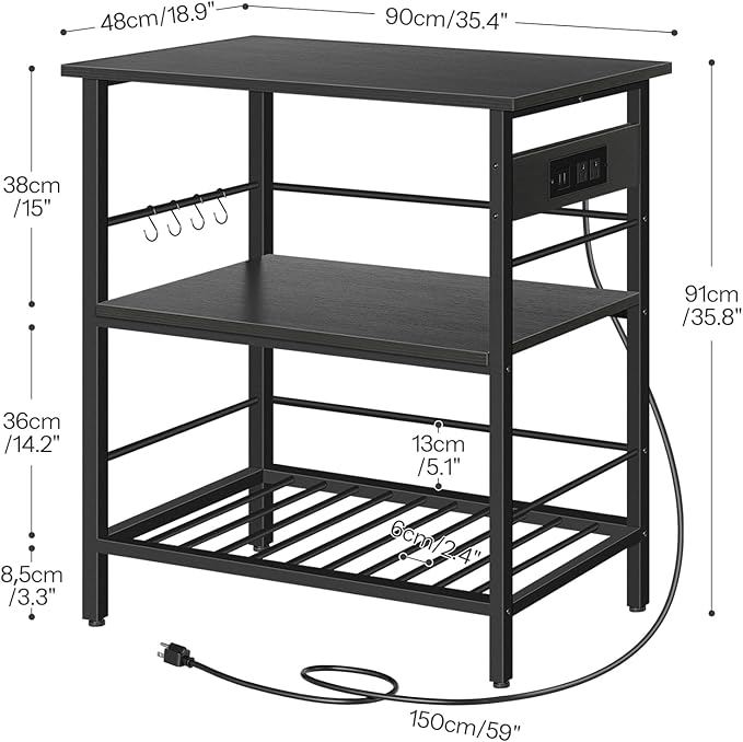 HOOBRO Kitchen Island with Storage, Kitchen Island Table with Power Outlet, 35.4" L 3 Tier Coffee Station and Microwave Stand, for Home, Kitchen and Dining Room, Black BB021ZD01