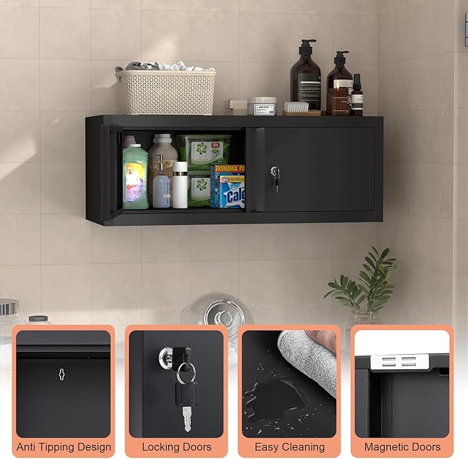 LUCYPAL Metal Garage Storage Cabinets,12.8" H Metal Wall Cabinet with Locking Doors,Upper Tool Cabinet with Shelf for Home Office,Kitchen,Garage,Workshop,Black