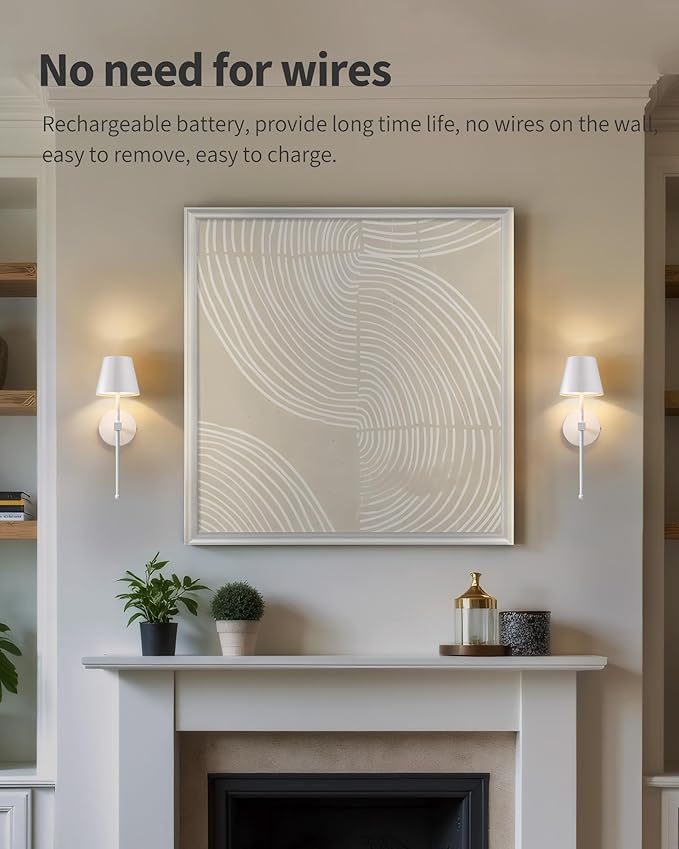 KDG Wireless Wall Sconces Set of 2, Small Cordless 5200mAh Rechargeable Battery LED Wall Lamps, Stepless Dimming Lightings for Wall Painting, Living Room, Bedroom, Hallway, Gifts, Night Light (White)