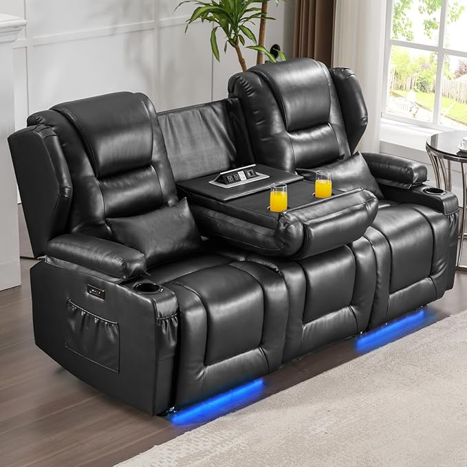 SAMERY Power Loveseat Recliner Sofa with Adjustable Split Back, Multi-Port Charger, Flip-Up Backrest & LED Lighting - Home Theater Seating with Storage, Cup Holders, Black Faux Leather Loveseat