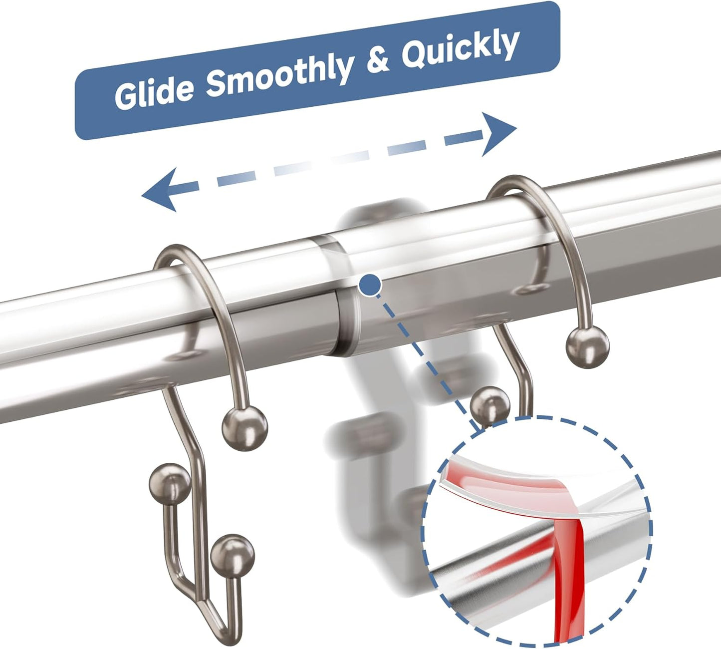 Titanker Shower Curtain Hooks Rings, Minimalist Simple Double Shower Hooks, 12 Pcs Shower Rings and 13 Ft Clear Rod Tape Smooth Sliding Accessories for Bathroom Shower Rods, Nickel