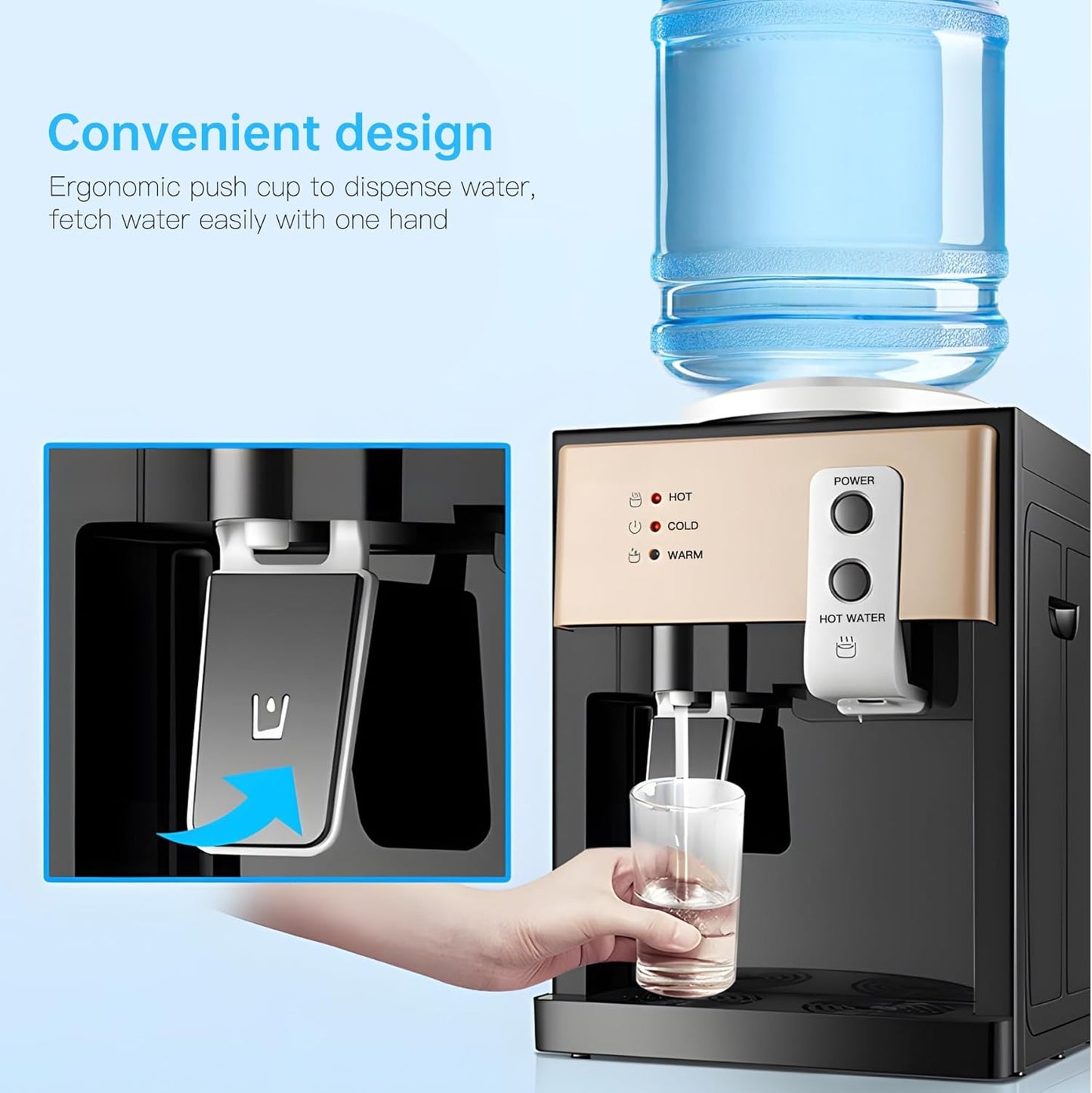 Housiwill Countertop Water Dispenser, Top Loading Water Cooler for 1.2 to 5 Gallon, 3 Temperature Settings Room Temperature Water Cold Hot Water Dispenser, Suitable for Home, Office, Dorm Bedside Use