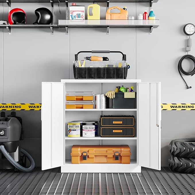 Yizosh Metal Garage Storage Cabinet with 2 Doors and 2 Adjustable Shelves - 35.5" Steel Lockable File Cabinet for Home Office,Garage,Gym,School (White)