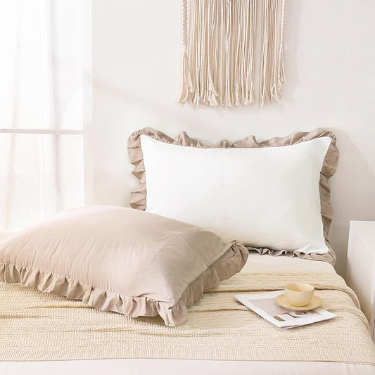 Merryword Taupe Pillow Shams White and Taupe Reversible Standard Pillowcases Cute Pillow Cover Set of 2 Soft Shabby Chic Ruffled Pillowcases 2 Pack (Queen (20''x30''), White Taupe)