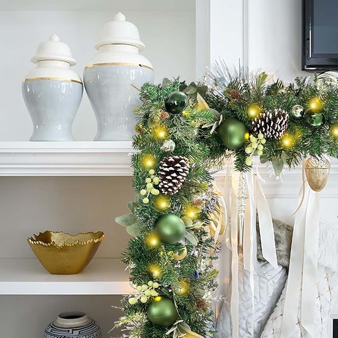 WANNA-CUL Pre-Lit 6 ft/ 72 Inch Christmas Garland with Lights Decoration for Mantle with Green Gold Christmas Ball Ornaments,Battery Operated 30 LED Lights